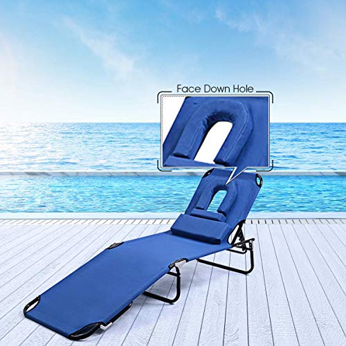 HOMGX Folding Chaise Lounge Chair, Outdoor Deck Chair with 15 to 80 Degrees Adjustable Backrest, Reclining Chair for Beach, Swimming Pool, Deck Chair with Tanning Face Down Hole, Sling Chair, Blue