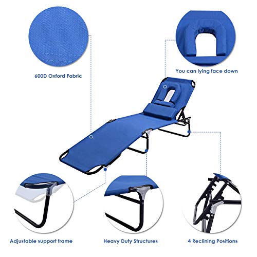 HOMGX Folding Chaise Lounge Chair, Outdoor Deck Chair with 15 to 80 Degrees Adjustable Backrest, Reclining Chair for Beach, Swimming Pool, Deck Chair with Tanning Face Down Hole, Sling Chair, Blue