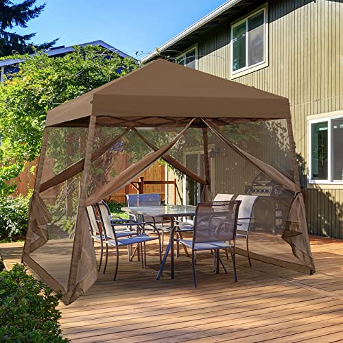 EAGLE PEAK 10x10 Slant Leg Easy Setup Pop Up Canopy Tent with Mosquito Netting 64 sqft of Shade, Brown