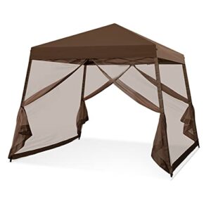 EAGLE PEAK 10x10 Slant Leg Easy Setup Pop Up Canopy Tent with Mosquito Netting 64 sqft of Shade, Brown