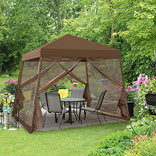 EAGLE PEAK 10x10 Slant Leg Easy Setup Pop Up Canopy Tent with Mosquito Netting 64 sqft of Shade, Brown