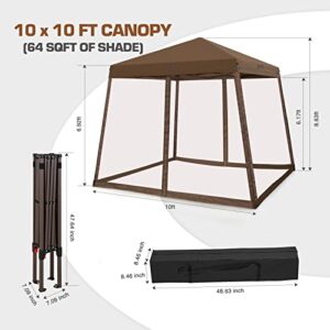 EAGLE PEAK 10x10 Slant Leg Easy Setup Pop Up Canopy Tent with Mosquito Netting 64 sqft of Shade, Brown