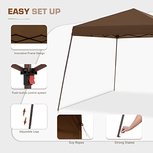 EAGLE PEAK 10x10 Slant Leg Easy Setup Pop Up Canopy Tent with Mosquito Netting 64 sqft of Shade, Brown