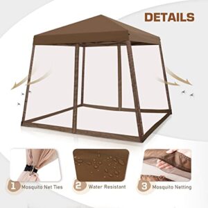 EAGLE PEAK 10x10 Slant Leg Easy Setup Pop Up Canopy Tent with Mosquito Netting 64 sqft of Shade, Brown