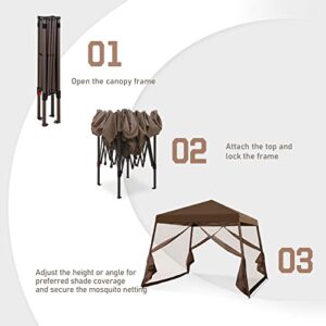 EAGLE PEAK 10x10 Slant Leg Easy Setup Pop Up Canopy Tent with Mosquito Netting 64 sqft of Shade, Brown