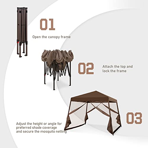 EAGLE PEAK 10x10 Slant Leg Easy Setup Pop Up Canopy Tent with Mosquito Netting 64 sqft of Shade, Brown