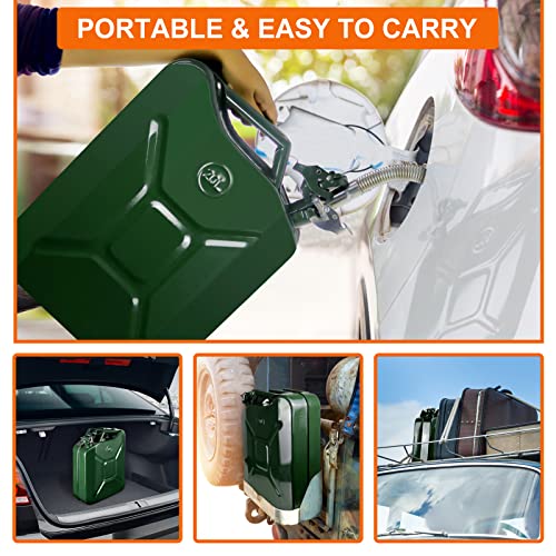 Gas Can with Flexible Spout System, 5 Gallon Metal Fuel Can, Cold-Rolled Plate Petrol Diesel Storage Portable Tank, Gasoline Bucket for Car Truck Off Road Emergency Supply Boat, Green