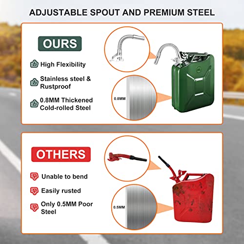 Gas Can with Flexible Spout System, 5 Gallon Metal Fuel Can, Cold-Rolled Plate Petrol Diesel Storage Portable Tank, Gasoline Bucket for Car Truck Off Road Emergency Supply Boat, Green