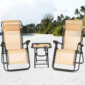 mecor 3pc zero gravity lounge chairs beach chairs patio chairs adjustable folding recliner with folding table outdoor yard beach