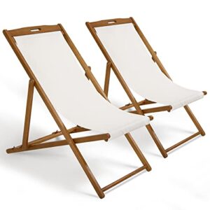 dkelincs beach sling chair set of 2, outdoor folding wood sling chair with white polyester canvas and sturdy wooden frame, 3 level adjustable height patio lounge chair