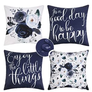 merrycolor set of 4 outdoor/indoor pillow covers 18×18 waterproof navy blue and white floral decorative pillow covers outdoor pillows for patio furniture