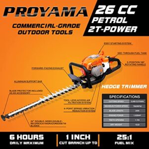 PROYAMA 24-Inch 26cc 2 Cycle Gas Powered Dual Sided Hedge Trimmer with Rotating Handle 2-Year Warranty Less Weight Less Fatigue Suitable for Gardener Professional Landscaper Home User