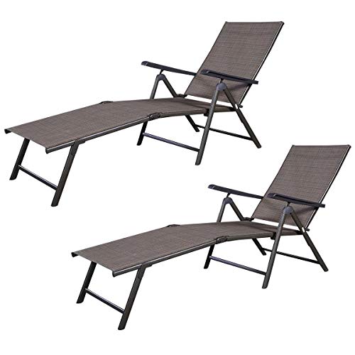 Tangkula Set of 2 Patio Adjustable Chaise, 5 Back & 2 Leg Positions Adjustable Textiline Outdoor Reclining Lounger Chairs, Suitable for Lawn, Poolside, Garden Yard and Beach