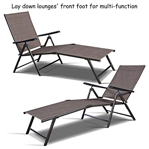Tangkula Set of 2 Patio Adjustable Chaise, 5 Back & 2 Leg Positions Adjustable Textiline Outdoor Reclining Lounger Chairs, Suitable for Lawn, Poolside, Garden Yard and Beach