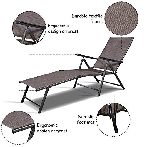 Tangkula Set of 2 Patio Adjustable Chaise, 5 Back & 2 Leg Positions Adjustable Textiline Outdoor Reclining Lounger Chairs, Suitable for Lawn, Poolside, Garden Yard and Beach