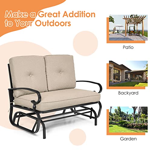 Tangkula Outdoor Swing Glider Chair, Patio Glider Bench for 2 Persons, Outdoor Rocking Loveseat with Steel Frame & Comfortable Cushions for Garden, Porch, Balcony, Poolside (Beige)