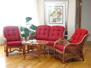 malibu lounge set of 4: 2 natural rattan wicker chairs, loveseat with red cushions and coffee table w/glass handmade, colonial