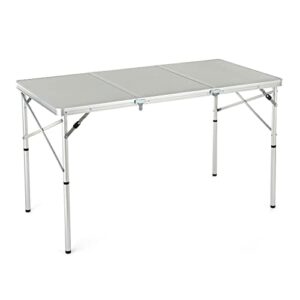 arrowhead outdoor 4’ ft heavy-duty portable aluminum frame folding table w/leveling feet, solid tabletop surface, 2 adjustable heights, carrying case included, lightweight, usa-based support