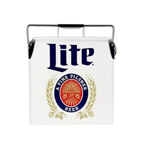 miller lite retro ice chest cooler with bottle opener 13l (14 qt), 18 can capacity, blue and red, vintage style ice bucket for camping, beach, picnic, rv, bbqs, tailgating, fishing