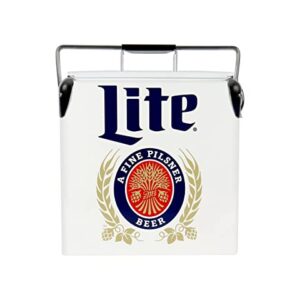 Miller Lite Retro Ice Chest Cooler with Bottle Opener 13L (14 qt), 18 Can Capacity, Blue and Red, Vintage Style Ice Bucket for Camping, Beach, Picnic, RV, BBQs, Tailgating, Fishing