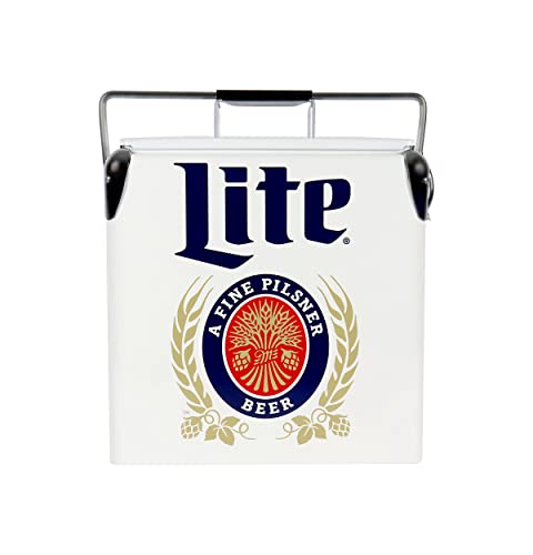 Miller Lite Retro Ice Chest Cooler with Bottle Opener 13L (14 qt), 18 Can Capacity, Blue and Red, Vintage Style Ice Bucket for Camping, Beach, Picnic, RV, BBQs, Tailgating, Fishing