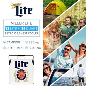 Miller Lite Retro Ice Chest Cooler with Bottle Opener 13L (14 qt), 18 Can Capacity, Blue and Red, Vintage Style Ice Bucket for Camping, Beach, Picnic, RV, BBQs, Tailgating, Fishing