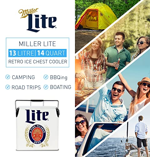 Miller Lite Retro Ice Chest Cooler with Bottle Opener 13L (14 qt), 18 Can Capacity, Blue and Red, Vintage Style Ice Bucket for Camping, Beach, Picnic, RV, BBQs, Tailgating, Fishing