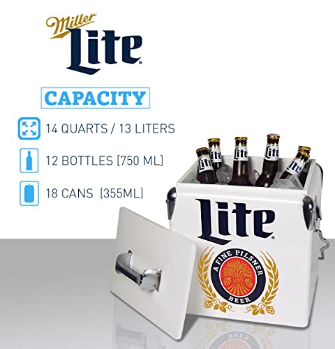 Miller Lite Retro Ice Chest Cooler with Bottle Opener 13L (14 qt), 18 Can Capacity, Blue and Red, Vintage Style Ice Bucket for Camping, Beach, Picnic, RV, BBQs, Tailgating, Fishing