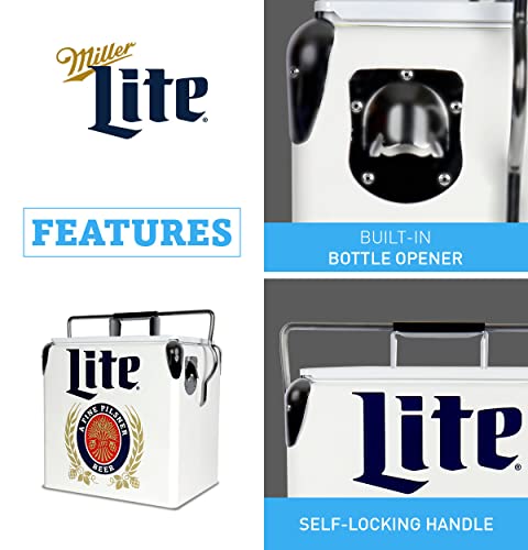 Miller Lite Retro Ice Chest Cooler with Bottle Opener 13L (14 qt), 18 Can Capacity, Blue and Red, Vintage Style Ice Bucket for Camping, Beach, Picnic, RV, BBQs, Tailgating, Fishing