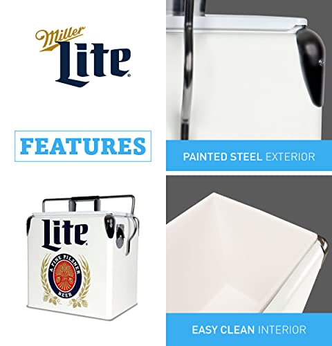 Miller Lite Retro Ice Chest Cooler with Bottle Opener 13L (14 qt), 18 Can Capacity, Blue and Red, Vintage Style Ice Bucket for Camping, Beach, Picnic, RV, BBQs, Tailgating, Fishing