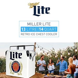 Miller Lite Retro Ice Chest Cooler with Bottle Opener 13L (14 qt), 18 Can Capacity, Blue and Red, Vintage Style Ice Bucket for Camping, Beach, Picnic, RV, BBQs, Tailgating, Fishing