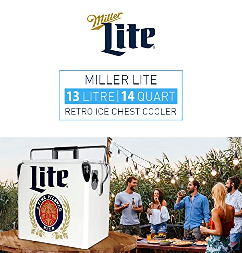 Miller Lite Retro Ice Chest Cooler with Bottle Opener 13L (14 qt), 18 Can Capacity, Blue and Red, Vintage Style Ice Bucket for Camping, Beach, Picnic, RV, BBQs, Tailgating, Fishing