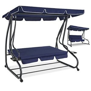 zupapa 2-in-1 style convertible outdoor patio swing chair, thickened soft cushion lounge chair to flat bed, adjustable shading canopy swing sets for backyard, porch, garden, deck, balcony – navy blue