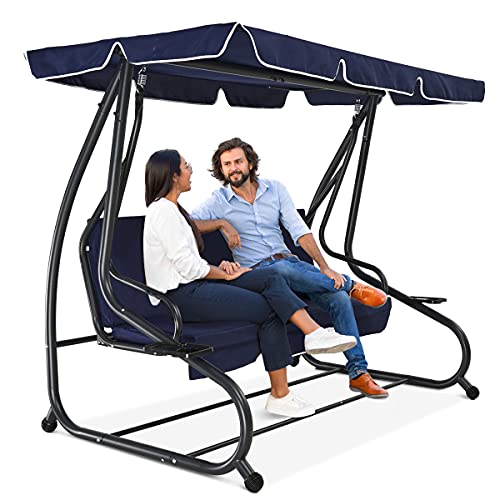 Zupapa 2-in-1 Style Convertible Outdoor Patio Swing Chair, Thickened Soft Cushion Lounge Chair to Flat Bed, Adjustable Shading Canopy Swing Sets for Backyard, Porch, Garden, Deck, Balcony - Navy Blue