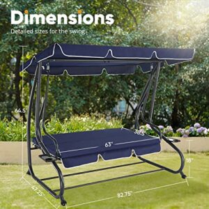 Zupapa 2-in-1 Style Convertible Outdoor Patio Swing Chair, Thickened Soft Cushion Lounge Chair to Flat Bed, Adjustable Shading Canopy Swing Sets for Backyard, Porch, Garden, Deck, Balcony - Navy Blue