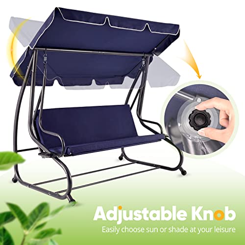 Zupapa 2-in-1 Style Convertible Outdoor Patio Swing Chair, Thickened Soft Cushion Lounge Chair to Flat Bed, Adjustable Shading Canopy Swing Sets for Backyard, Porch, Garden, Deck, Balcony - Navy Blue