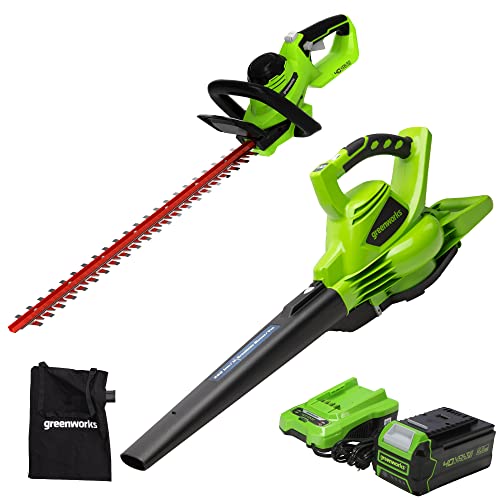 Greenworks 40V (185 MPH) Brushless Cordless Blower/Vacuum, 4.0Ah Battery and Charger Included 24322 with 40V Hedge Trimmer