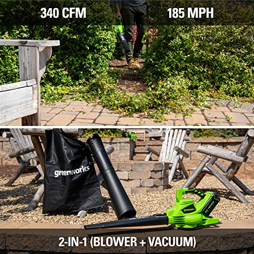 Greenworks 40V (185 MPH) Brushless Cordless Blower/Vacuum, 4.0Ah Battery and Charger Included 24322 with 40V Hedge Trimmer