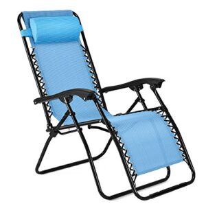 Flexzion Zero Gravity Chair - Anti Gravity Outdoor Lounge Patio Folding Reclining Chair and Textilene Seat with Footrest & Adjustable Pillow for Yard, Beach, Camping, Garden, Pool (Sky Blue)