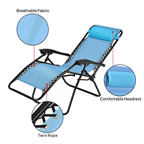 Flexzion Zero Gravity Chair - Anti Gravity Outdoor Lounge Patio Folding Reclining Chair and Textilene Seat with Footrest & Adjustable Pillow for Yard, Beach, Camping, Garden, Pool (Sky Blue)