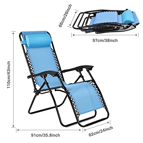 Flexzion Zero Gravity Chair - Anti Gravity Outdoor Lounge Patio Folding Reclining Chair and Textilene Seat with Footrest & Adjustable Pillow for Yard, Beach, Camping, Garden, Pool (Sky Blue)