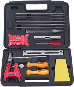 oregon chainsaw chain sharpening kit with hard case – contains files, handles, depth gauge, stump vise, felling wedge, and more accessories
