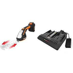worx wg801 20v power share 4″ cordless shear and 8″ shrubber trimmer (battery & charger included) and wa3875 20v li-ion dual port 2 hour charger