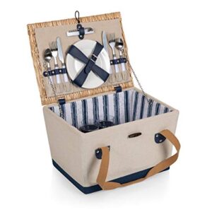 picnic time boardwalk picnic basket for 2 – romantic picnic basket – picnic set, (beige canvas with navy blue accents)