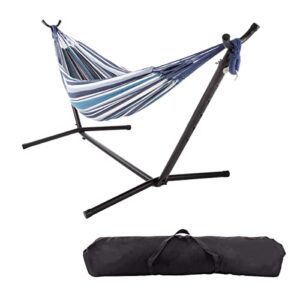 double brazilian hammock with stand included – woven cotton, 2-person, outdoor swing with frame for camping, backyard, or patio by pure garden (blue)