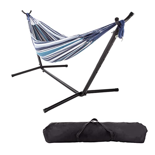 Double Brazilian Hammock with Stand Included – Woven Cotton, 2-Person, Outdoor Swing with Frame for Camping, Backyard, or Patio by Pure Garden (Blue)