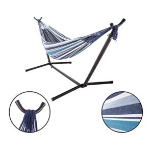 Double Brazilian Hammock with Stand Included – Woven Cotton, 2-Person, Outdoor Swing with Frame for Camping, Backyard, or Patio by Pure Garden (Blue)