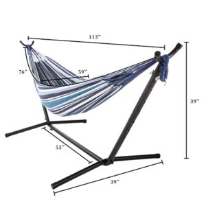 Double Brazilian Hammock with Stand Included – Woven Cotton, 2-Person, Outdoor Swing with Frame for Camping, Backyard, or Patio by Pure Garden (Blue)