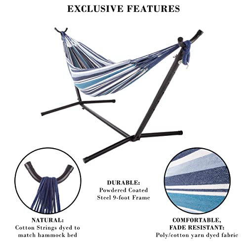 Double Brazilian Hammock with Stand Included – Woven Cotton, 2-Person, Outdoor Swing with Frame for Camping, Backyard, or Patio by Pure Garden (Blue)