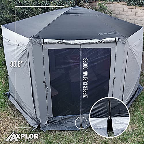 AxplorOutdoor RV Camping Gazebo Screen-Tent with Floor and Wind-Panels | 12ft x 12ft Portable Pop-Up Canopy Screen Room with Tarp Floor and Zippered-Side Panels | Pop-Up Screen Gazebo (Grey/Silver)